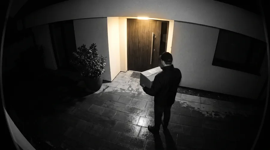 Camera: front door, courier with a parcel